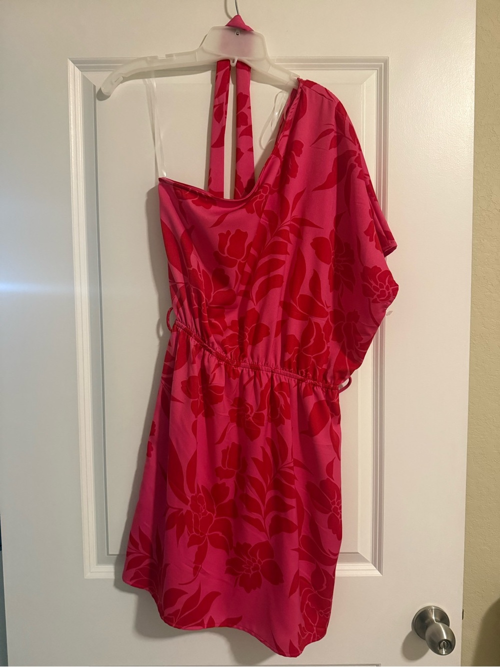 Women One-Shoulder Floral One-Piece Dress in Hot Pink